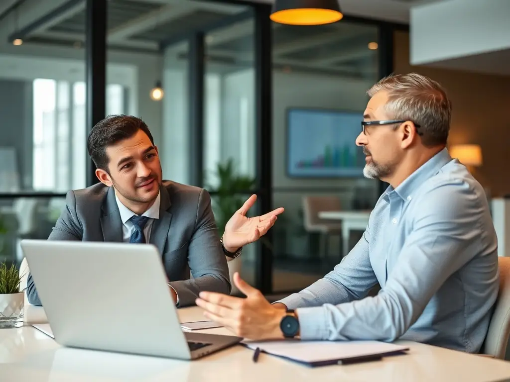 A professional financial advisor in a modern office setting, reviewing retirement plans with a client, showcasing UK pension schemes and savings strategies.