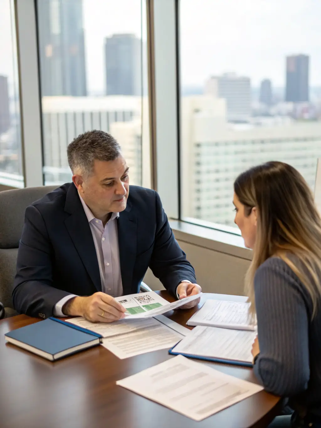 A financial advisor providing advice to a young professional on how to manage their finances and plan for their future in a modern office setting.