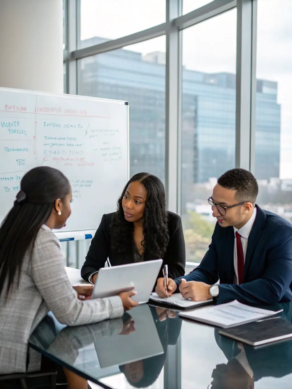 A diverse group of people happily discussing investment strategies with a financial advisor in a modern, sunlit office.