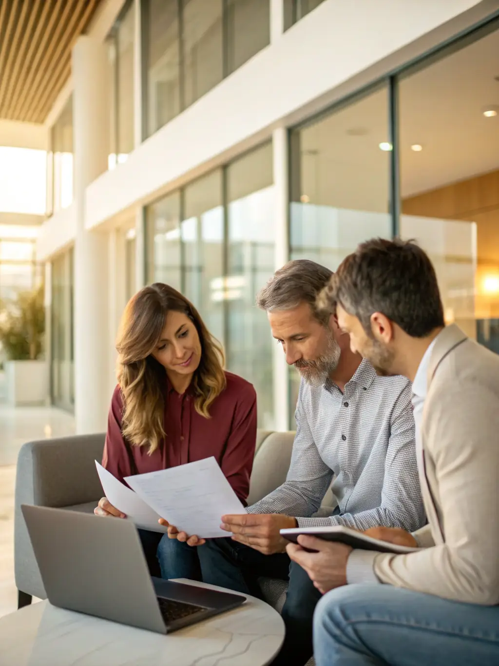 An image of a financial advisor explaining retirement planning options to a middle-aged couple in their living room, with a focus on comfort and security.
