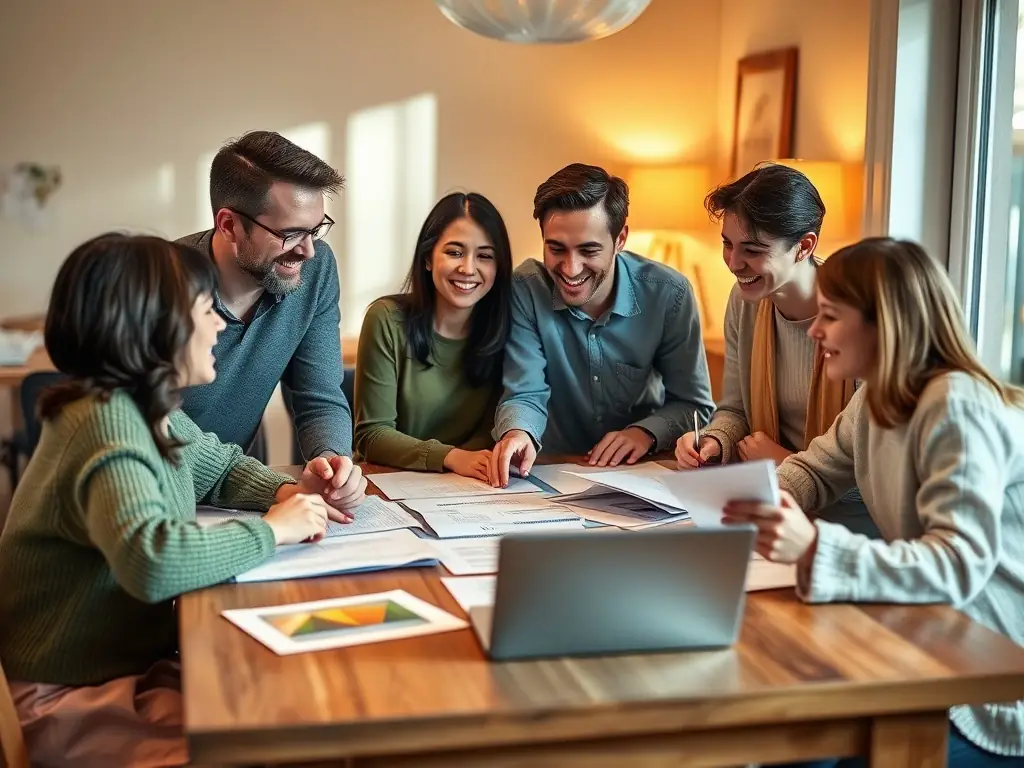 A family happily planning their finances together at home, emphasizing the importance of financial security and future planning.